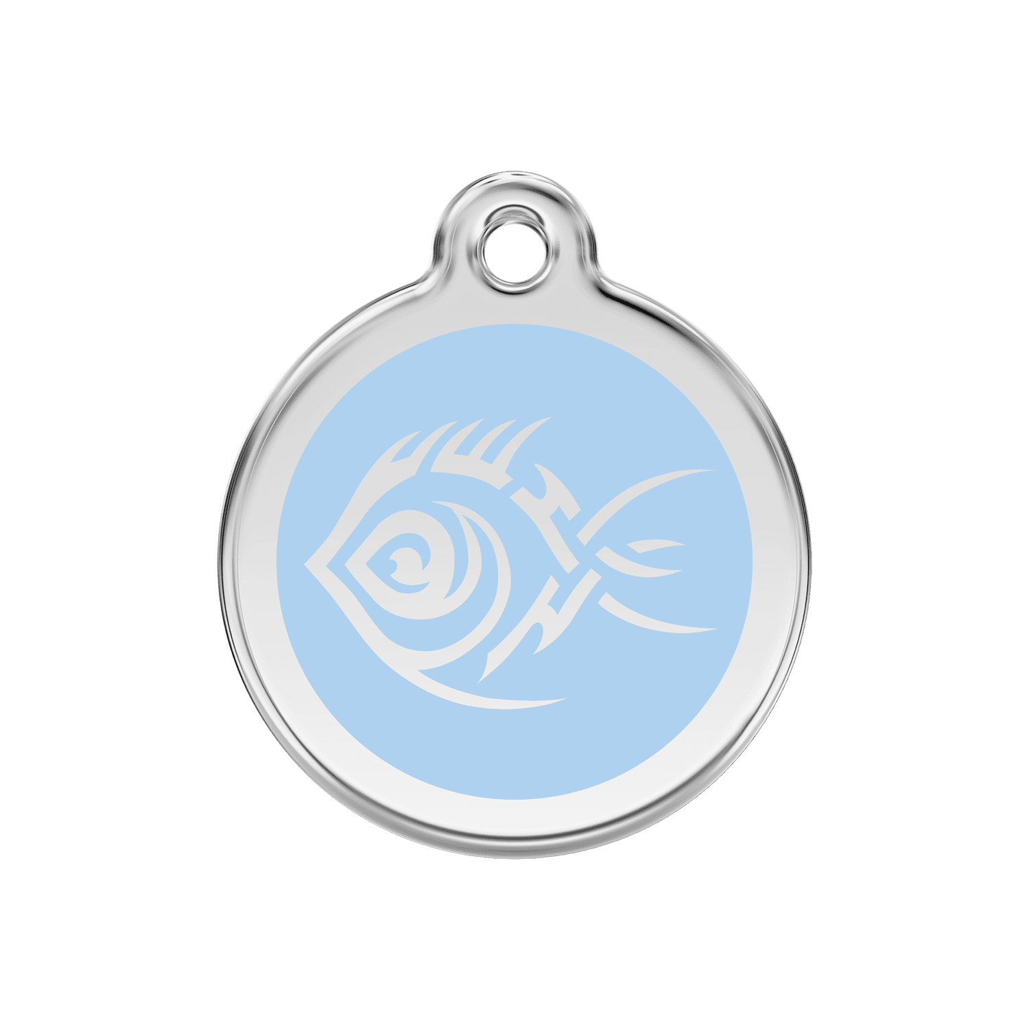 Vue avant - Médaille personnalisée pour chien Red Dingo Émail et acier inoxydable - Poisson tribal - Bleu clair - Größe M