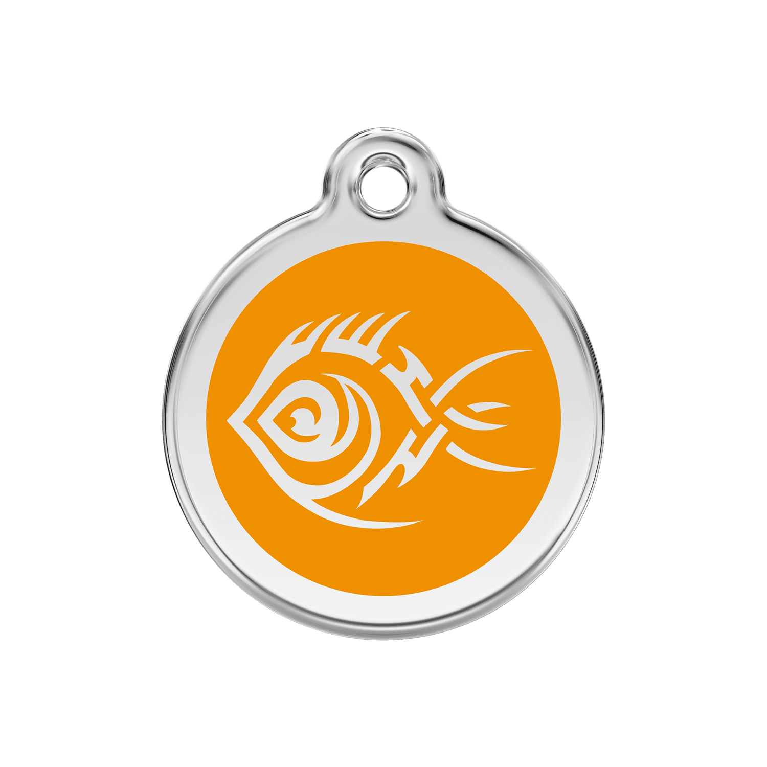 Vue avant - Médaille personnalisée pour chien Red Dingo Émail et acier inoxydable motif poisson tribal orange - Größe M