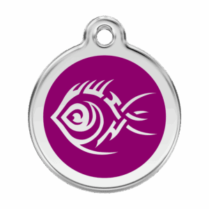 Hundemarke Tribal-Fisch Violett Größe L aus Emaille und Edelstahl