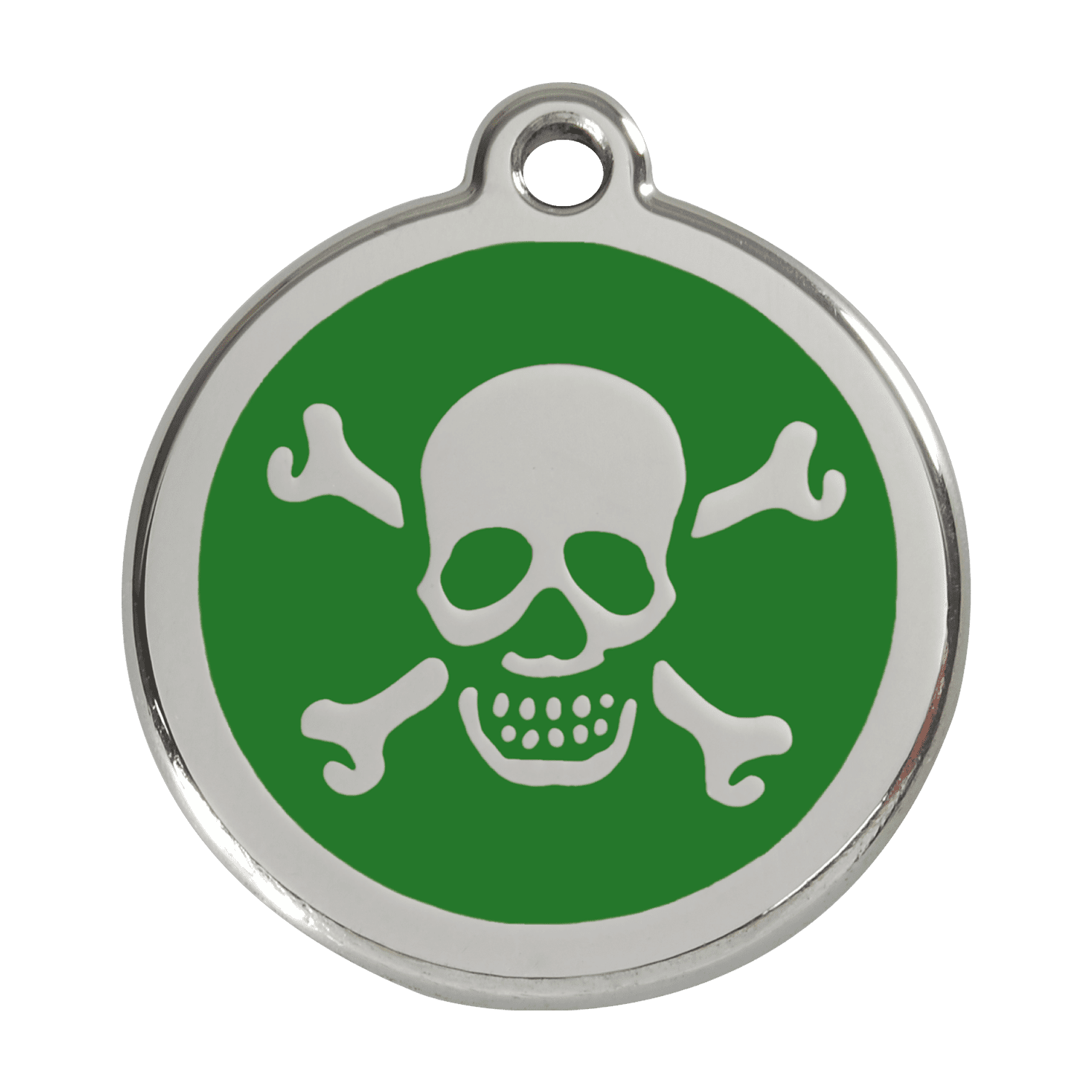 Vue avant - Médaille personnalisée pour chien Red Dingo Émail et acier inoxydable - Tête de mort - Vert - Größe L