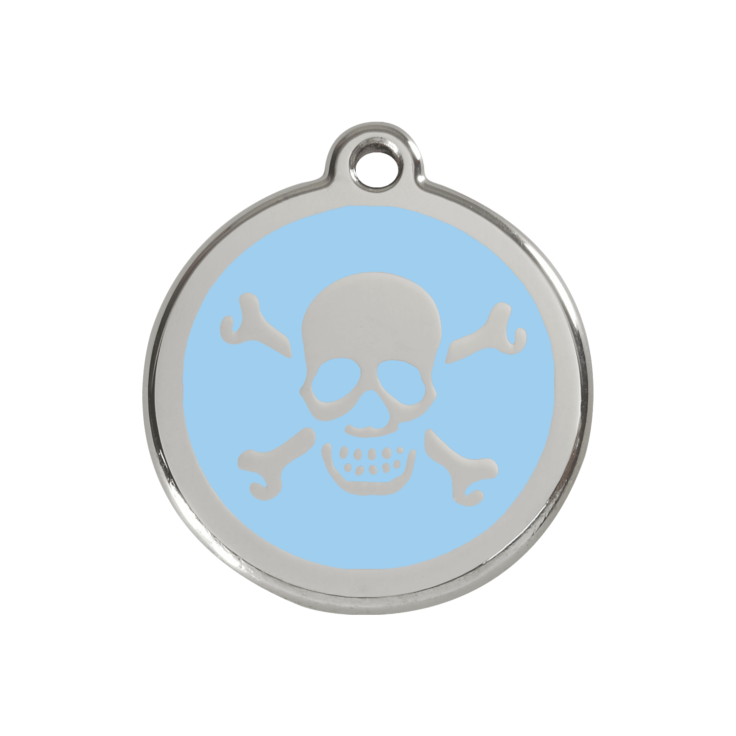 Vue avant - Médaille personnalisée pour chien Red Dingo Émail et acier inoxydable - Tête de mort bleu clair - Größe M