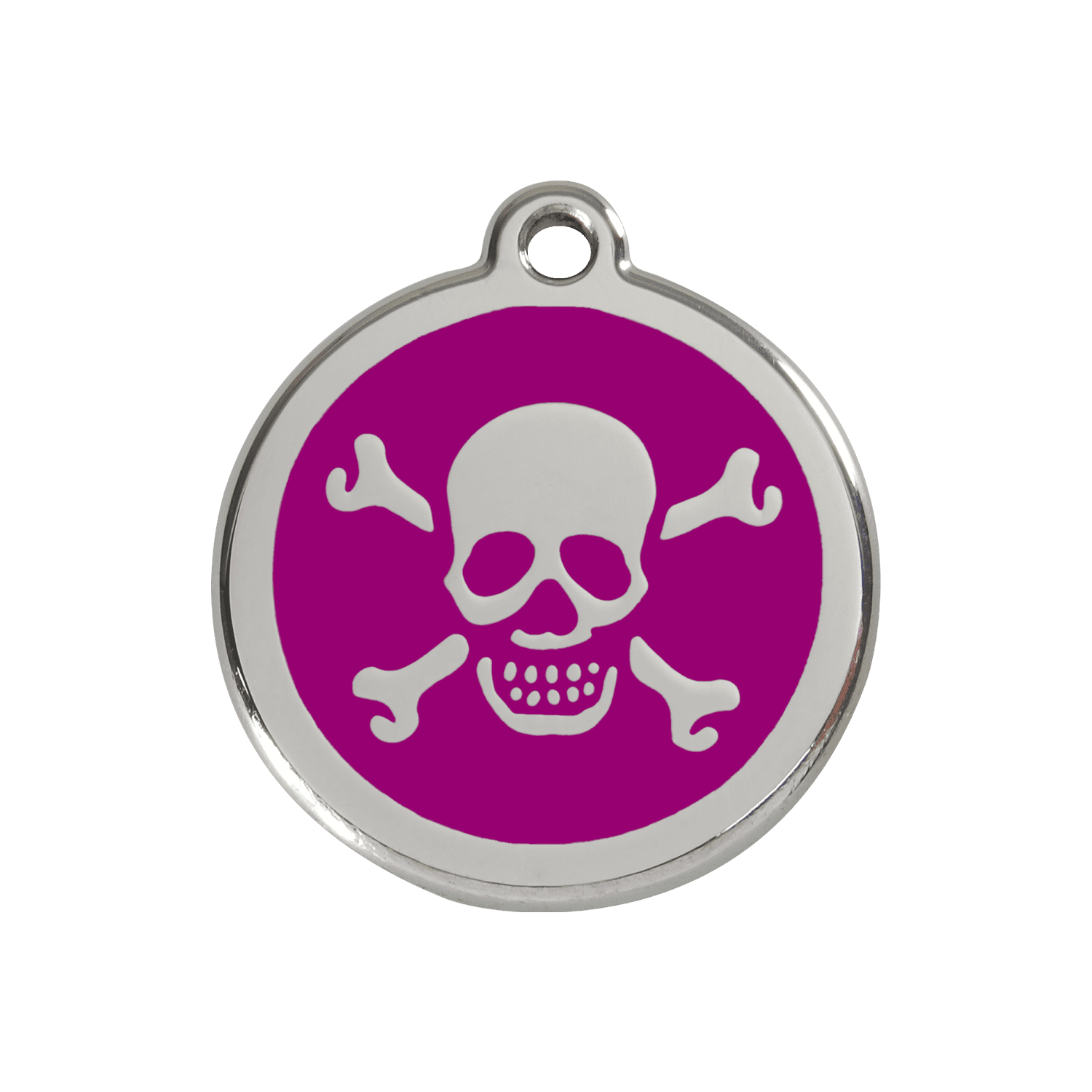 Vue avant - Médaille personnalisée pour chien ou chat - Red Dingo Émail et acier inoxydable - Tête de mort violet - Größe M
