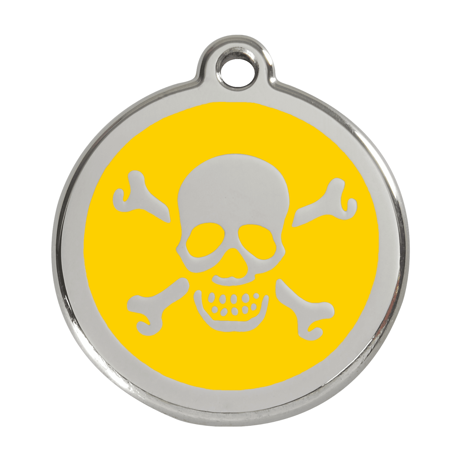 Vue avant - Médaille personnalisée pour chien ou chat - Red Dingo Émail et acier inoxydable - Tête de mort jaune - Größe L