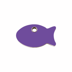 Katzenmarke Kunststoff flach klein mit violettem Fisch-Motiv