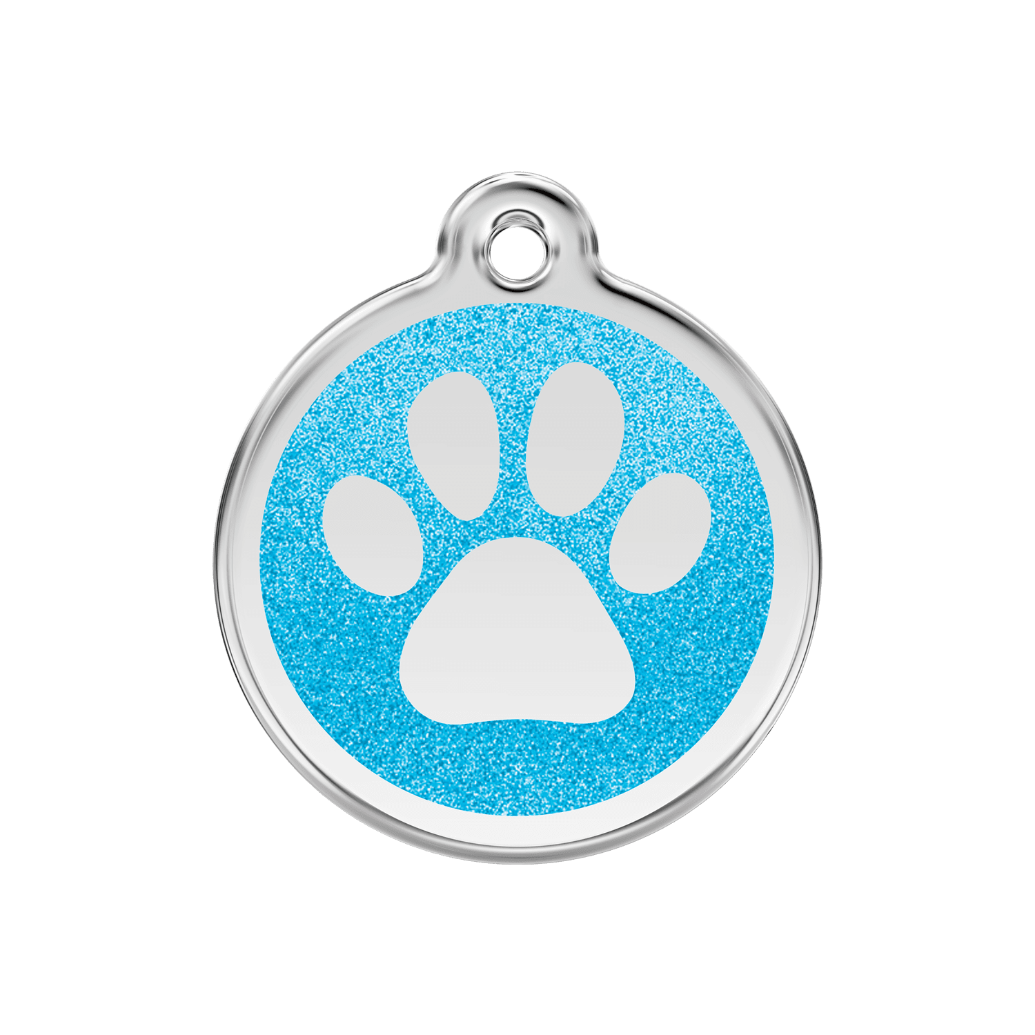 Vue avant - Médaille personnalisée pour chien ou chat Red Dingo Émail pailleté Aqua 30mm - Empreinte de patte scintillante
