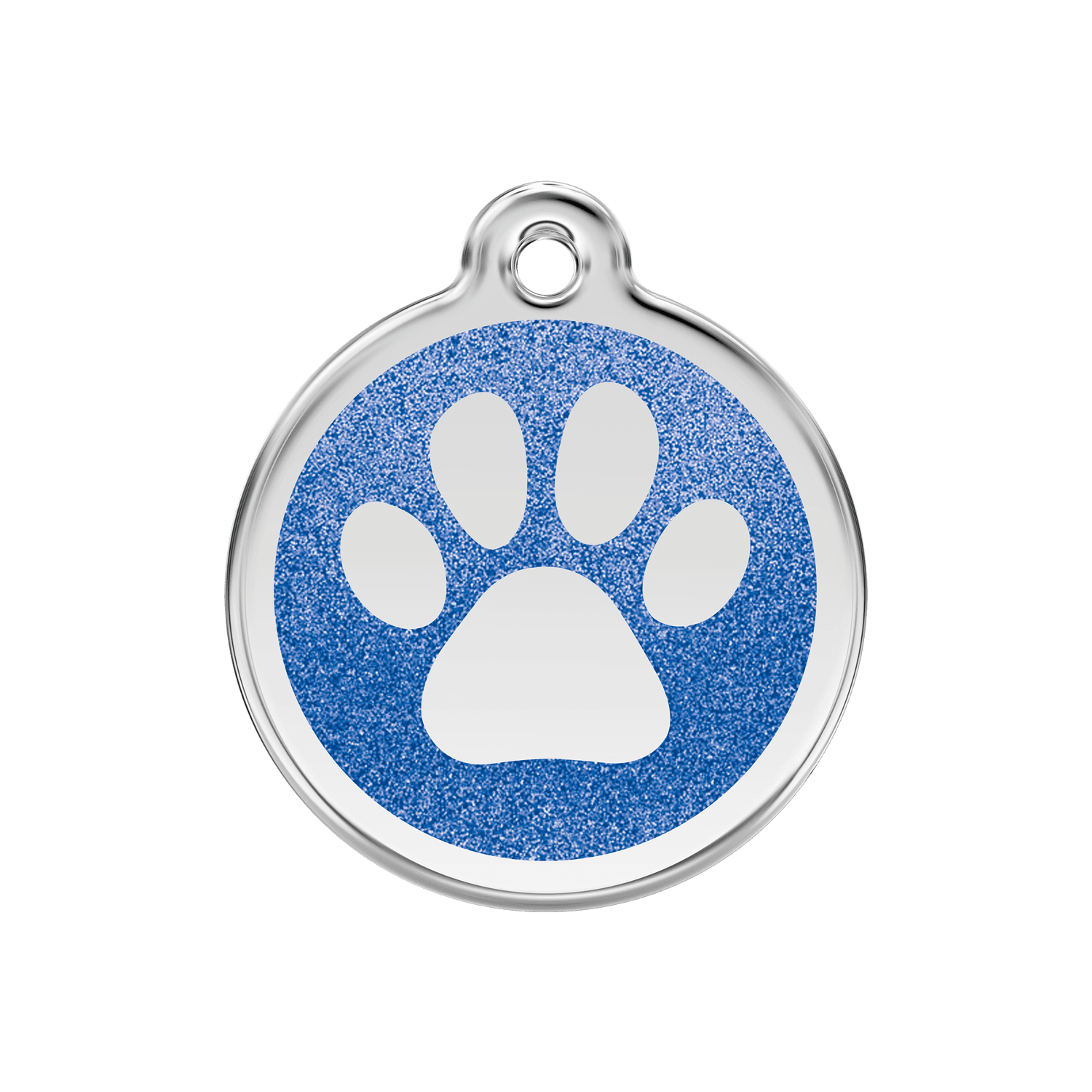 Vue avant - Médaille personnalisée pour chien/chat Red Dingo Émail pailleté bleu foncé 30mm - Empreinte de patte scintillante