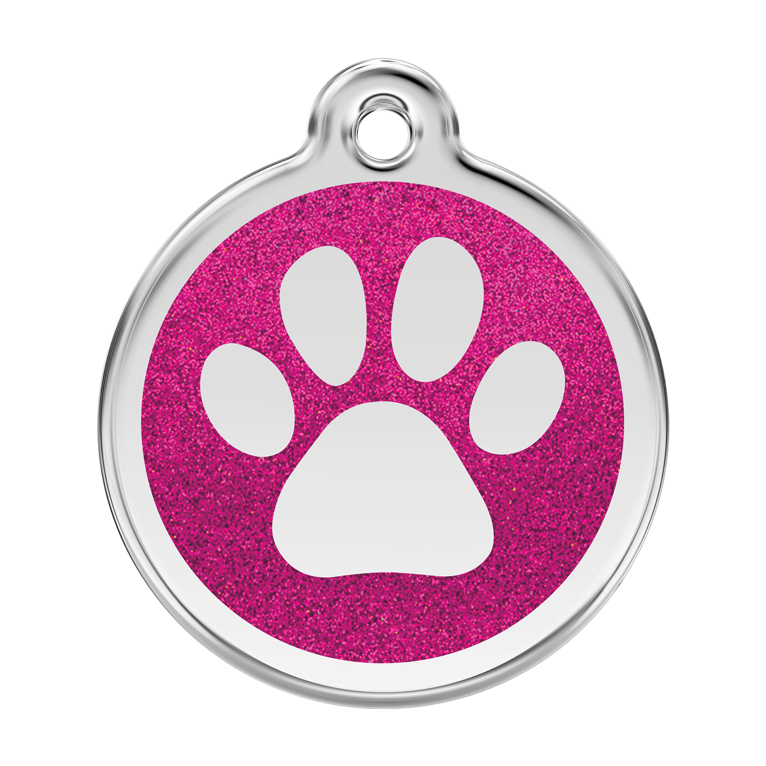 Vue avant - Médaille personnalisable pour chien ou chat - Empreinte de patte scintillante rose vif Red Dingo