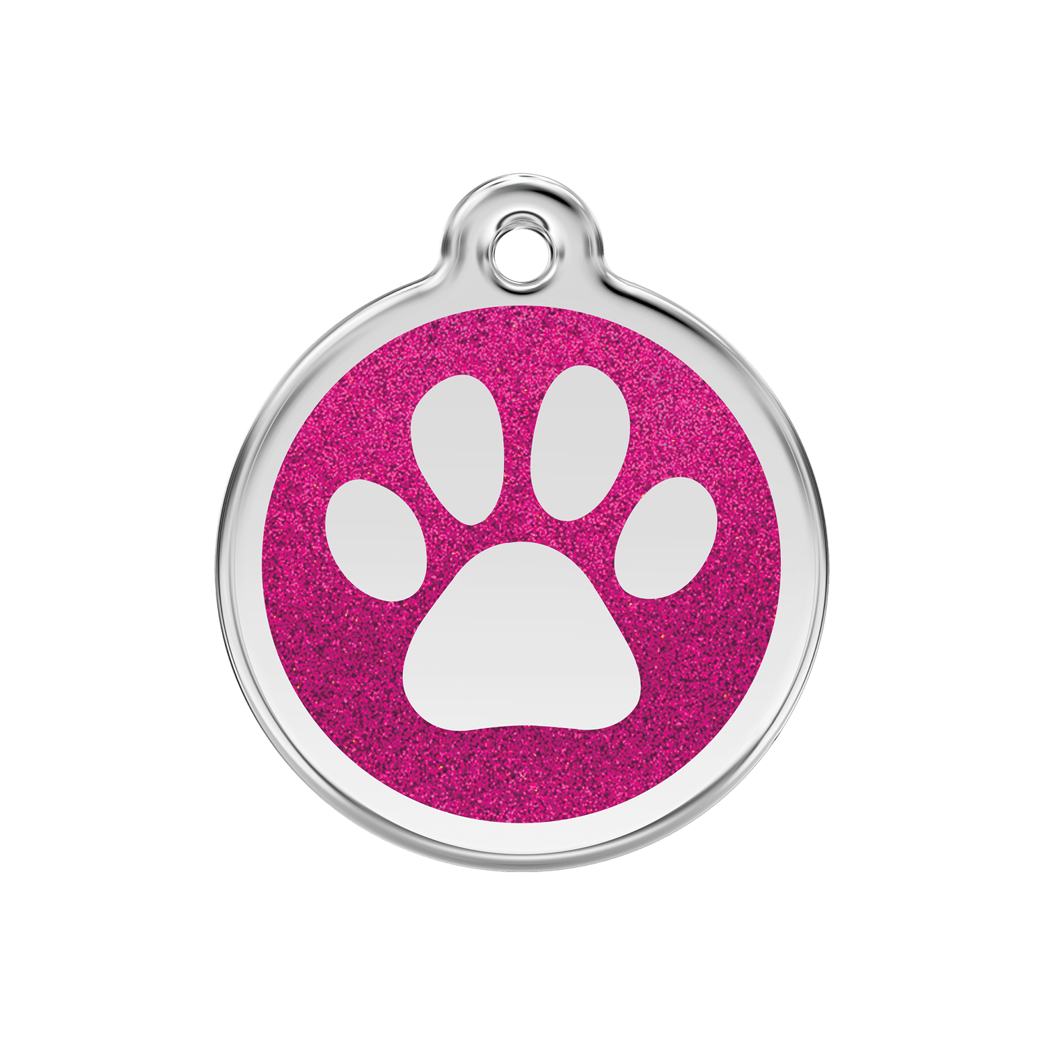 Vue avant - Médaille personnalisée pour chien ou chat - Empreinte de patte en émail pailleté rose vif - Red Dingo