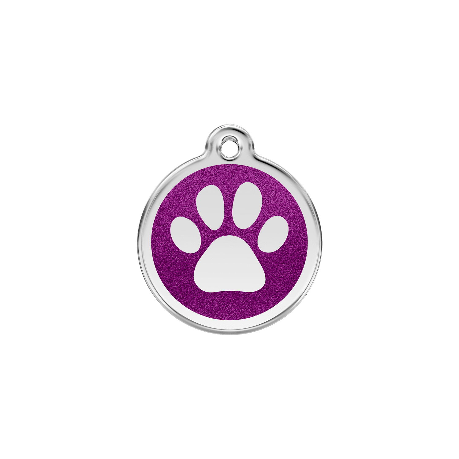 Vue avant - Médaille personnalisée pour chien/chat Red Dingo Émail pailleté violet - Empreinte de patte scintillante - Größe S