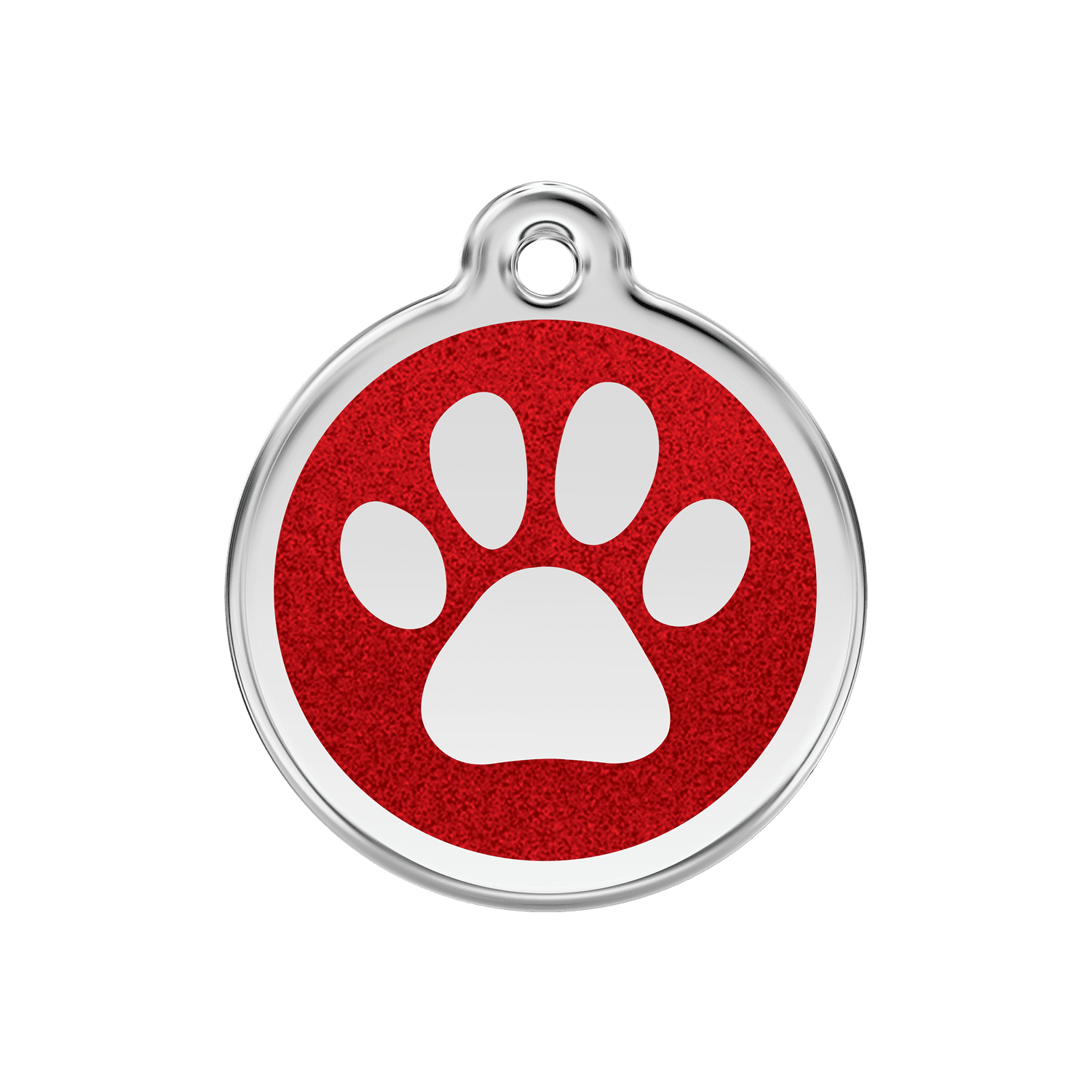Vue avant - Médaille personnalisée pour chien/chat Red Dingo Émail Pailleté Rouge - Empreinte de Patte Scintillante