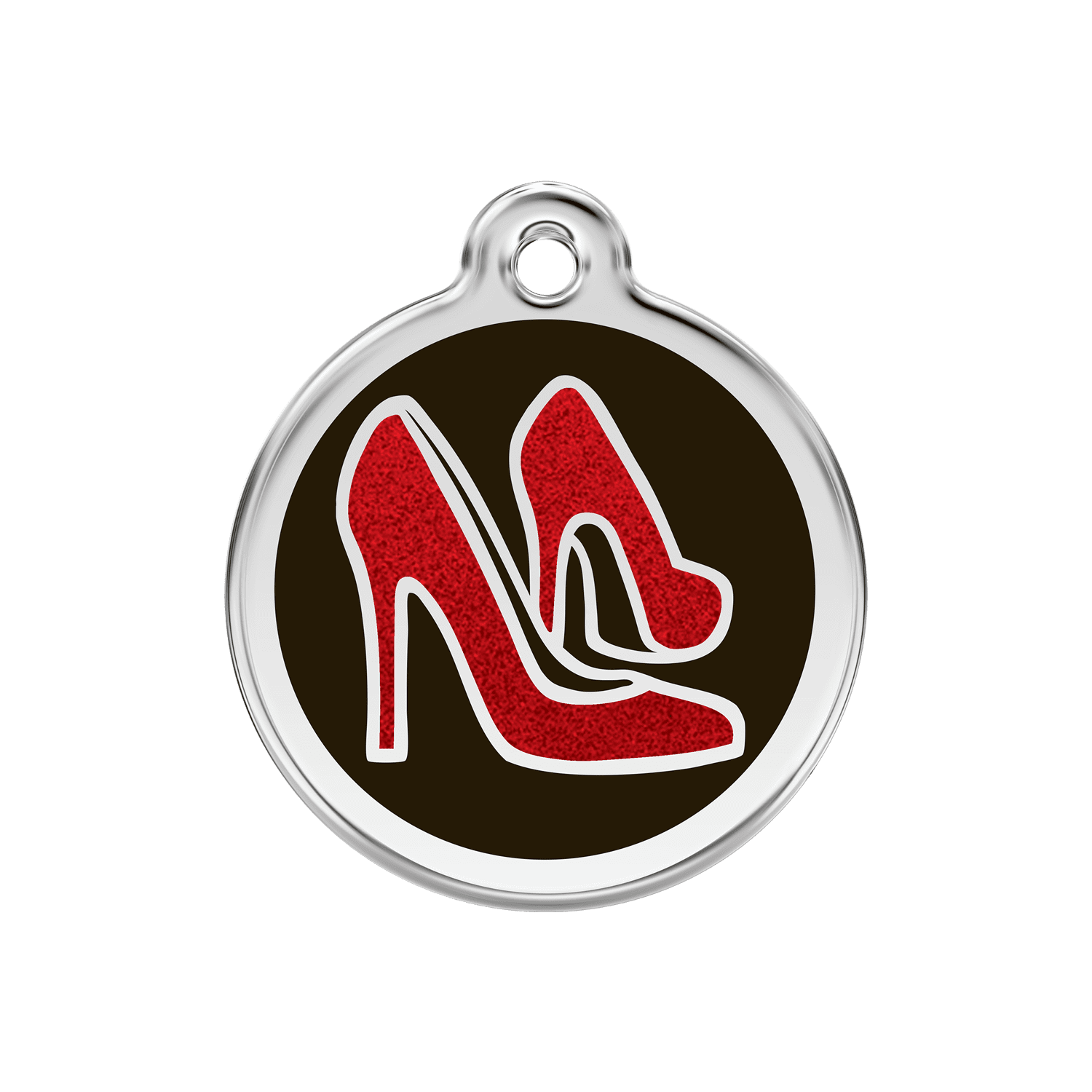 Vue avant - Médaille personnalisée pour chien ou chat Red Dingo Émail pailleté et acier inoxydable - Chaussure rouge - Größe M