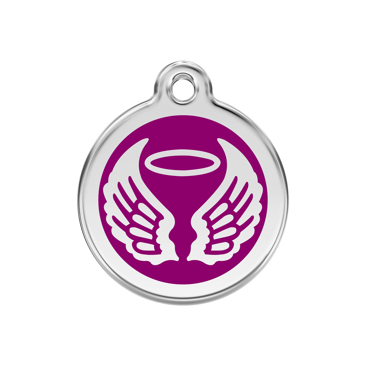 Vue avant - Médaille personnalisée pour chien Red Dingo Émail et acier inoxydable - Ailes d'anges - Violet - Größe M