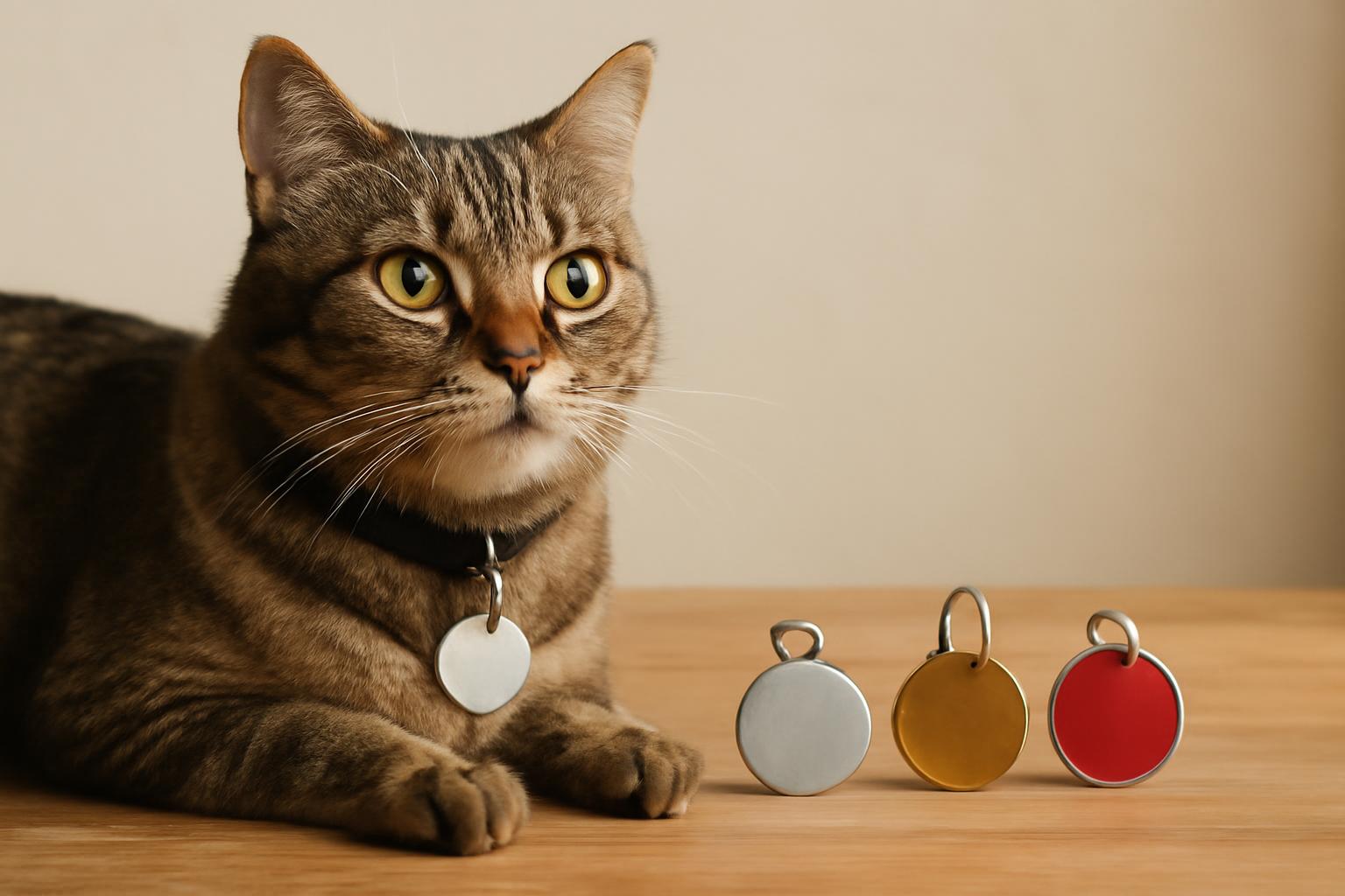 Cane o gatto con medaglietta identificativa per illustrare Materiali per targhette per animali: acciaio inox, ottone o smalto