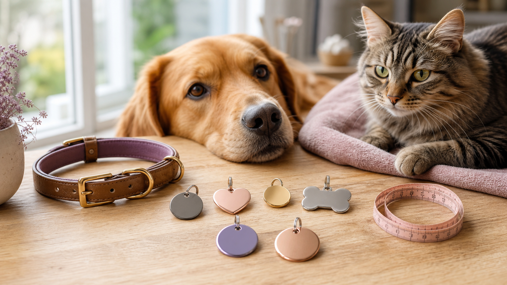 Comment choisir la médaille parfaite pour votre animal — visuel blog Chien et chat près de médailles pour animaux de formes et couleurs variées