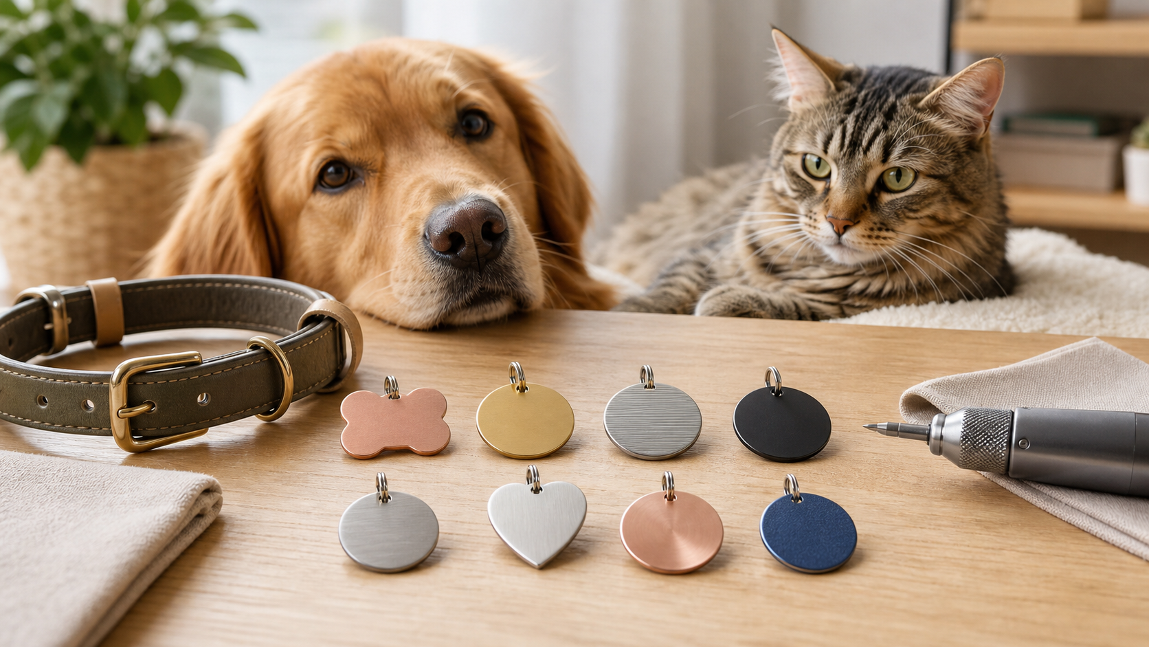 Gravurarten für Tiermarken — Blogbild Tiermarken mit unterschiedlichen Gravur-Oberflächen neben Hund und Katze