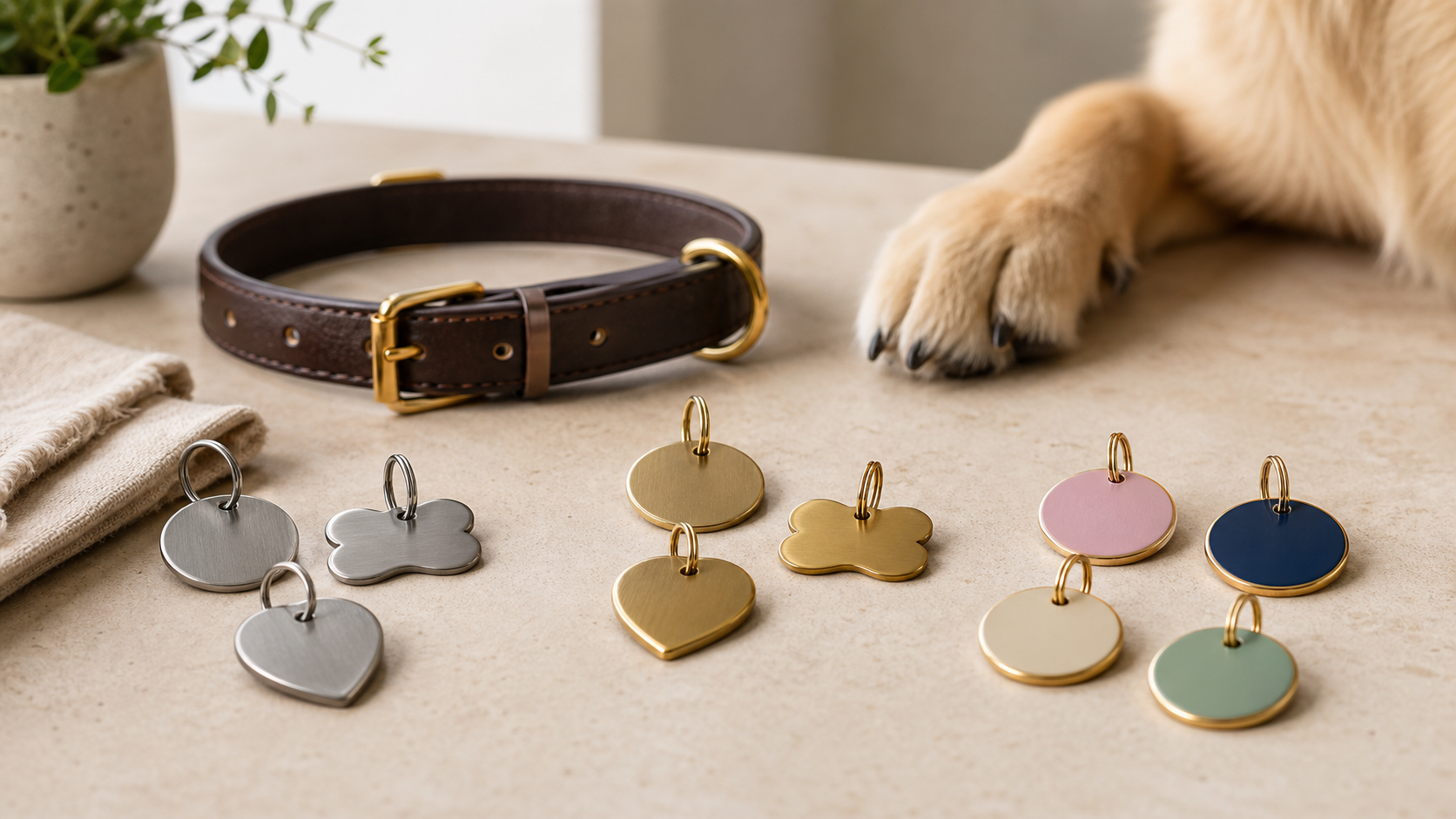 Matériaux des médailles pour animaux — visuel blog Médailles pour animaux en métal et émail posées près d’un collier en cuir
