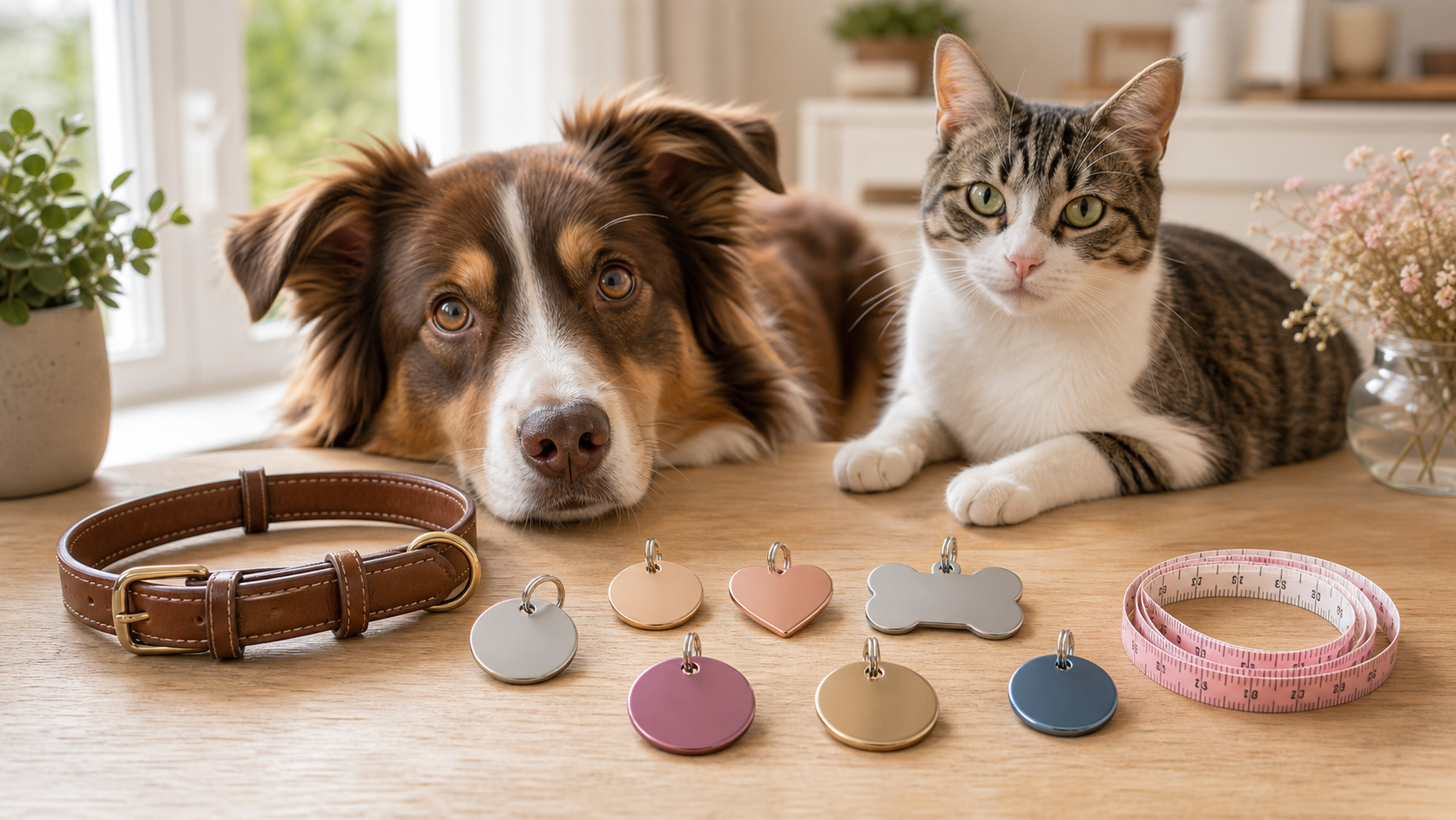 Hund und Katze neben Tiermarken in verschiedenen Formen mit MaĂŸband
