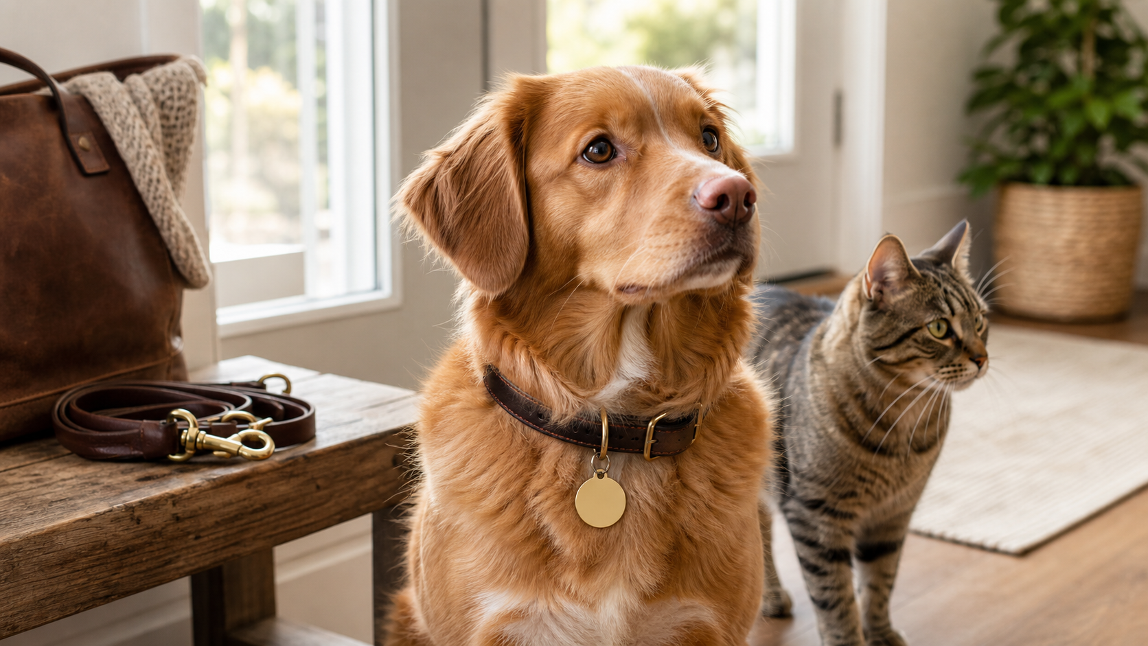 Hund mit Tiermarke am Halsband neben einer Katze im Eingangsbereich